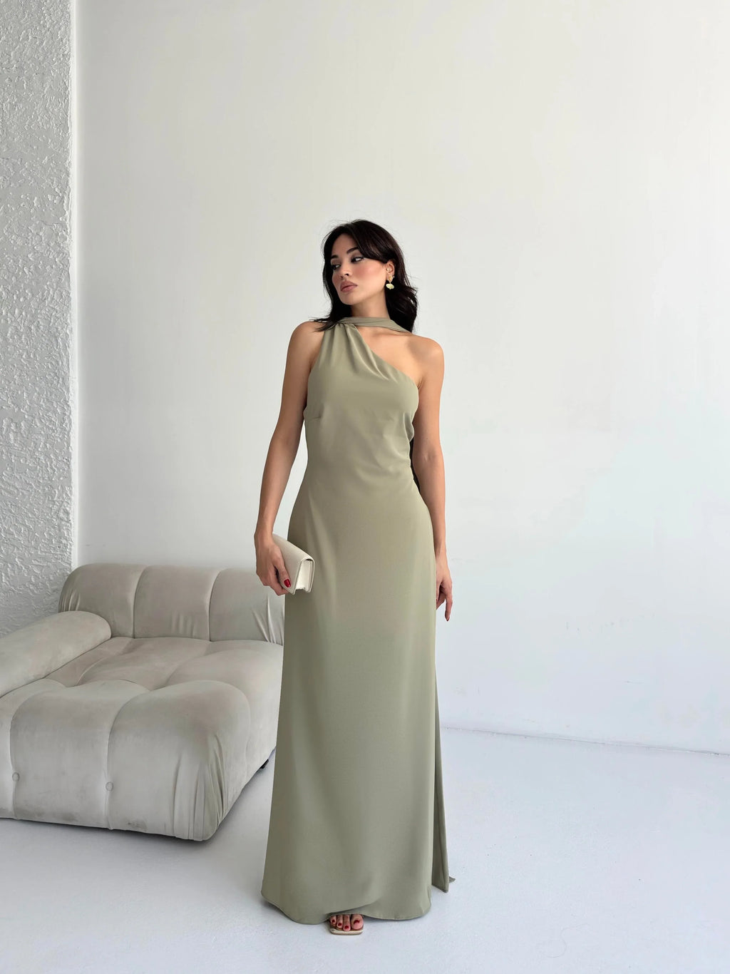 Scarf Detail One-Shoulder Maxi Dress - Khaki - Mirelline Store
