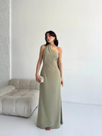 Scarf Detail One-Shoulder Maxi Dress - Khaki - Mirelline Store