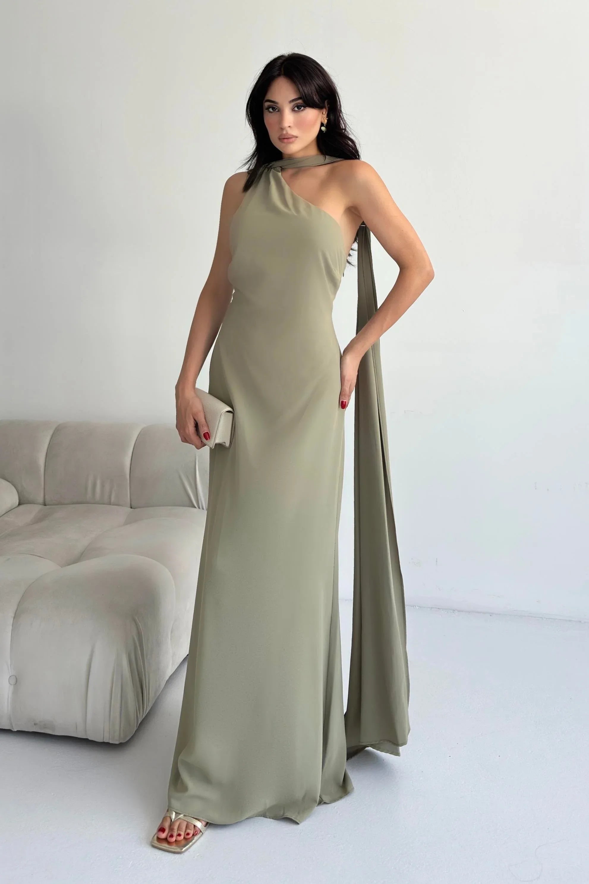 Scarf Detail One-Shoulder Maxi Dress - Khaki - Mirelline Store