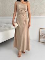 Patterned One-Shoulder Cut-Out Maxi Dress - Stone - Mirelline Store