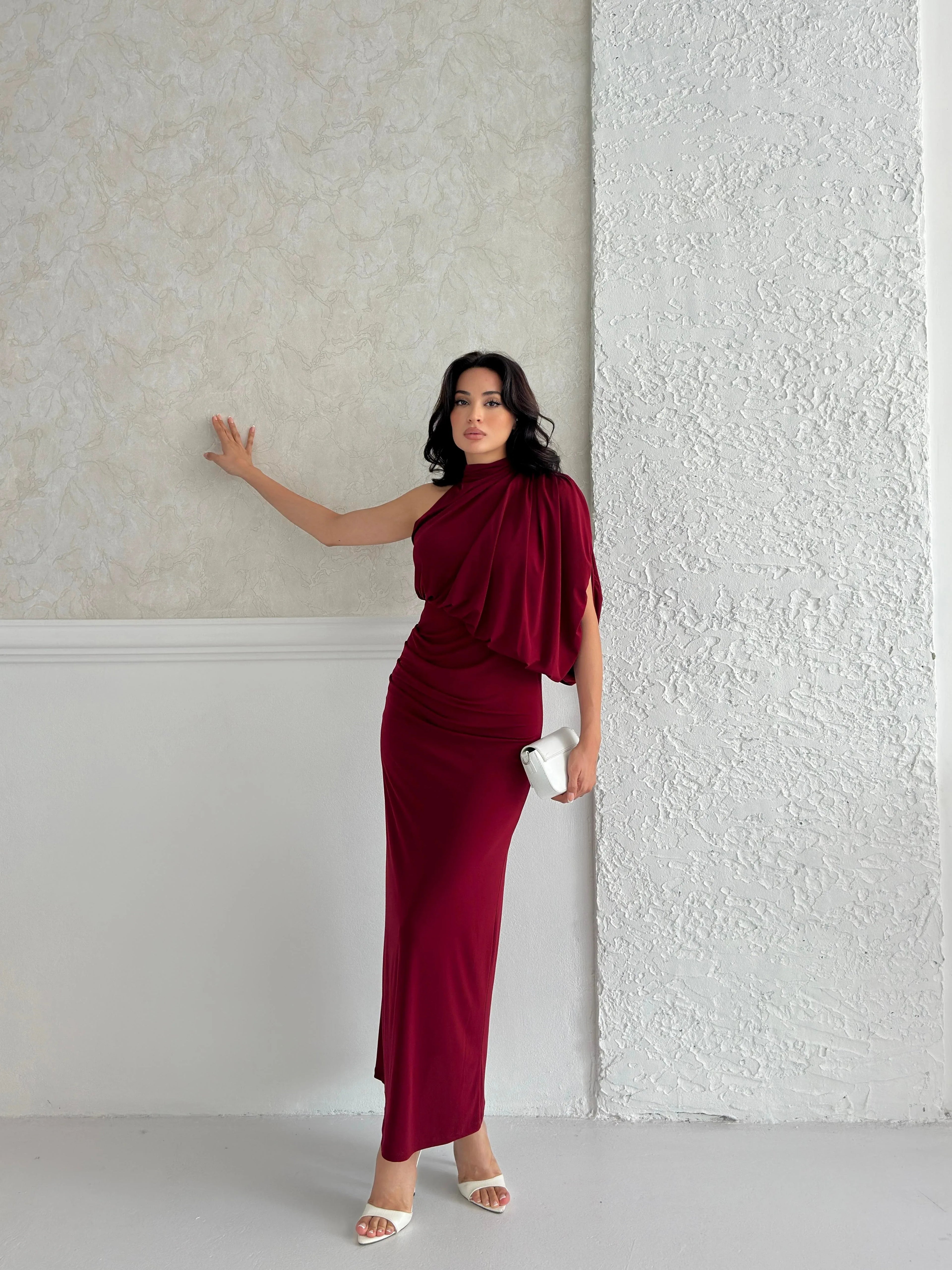 One-Shoulder Mock Neck Draped Maxi Dress - Burgundy - Mirelline Store