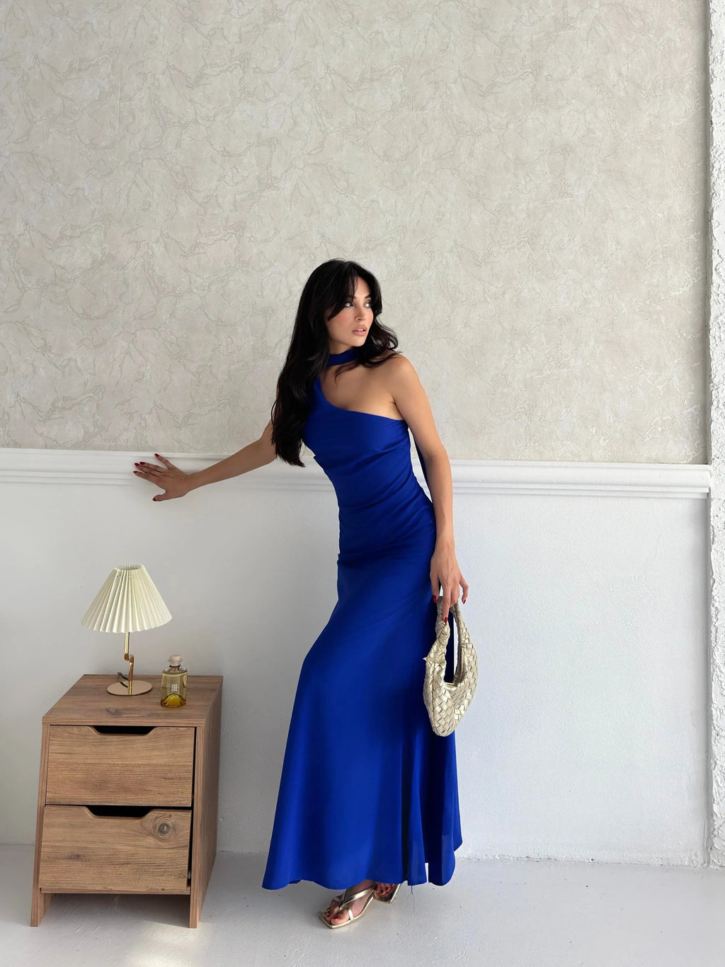 Scarf Detail One-Shoulder Maxi Dress - Saxe Blue - Mirelline Store