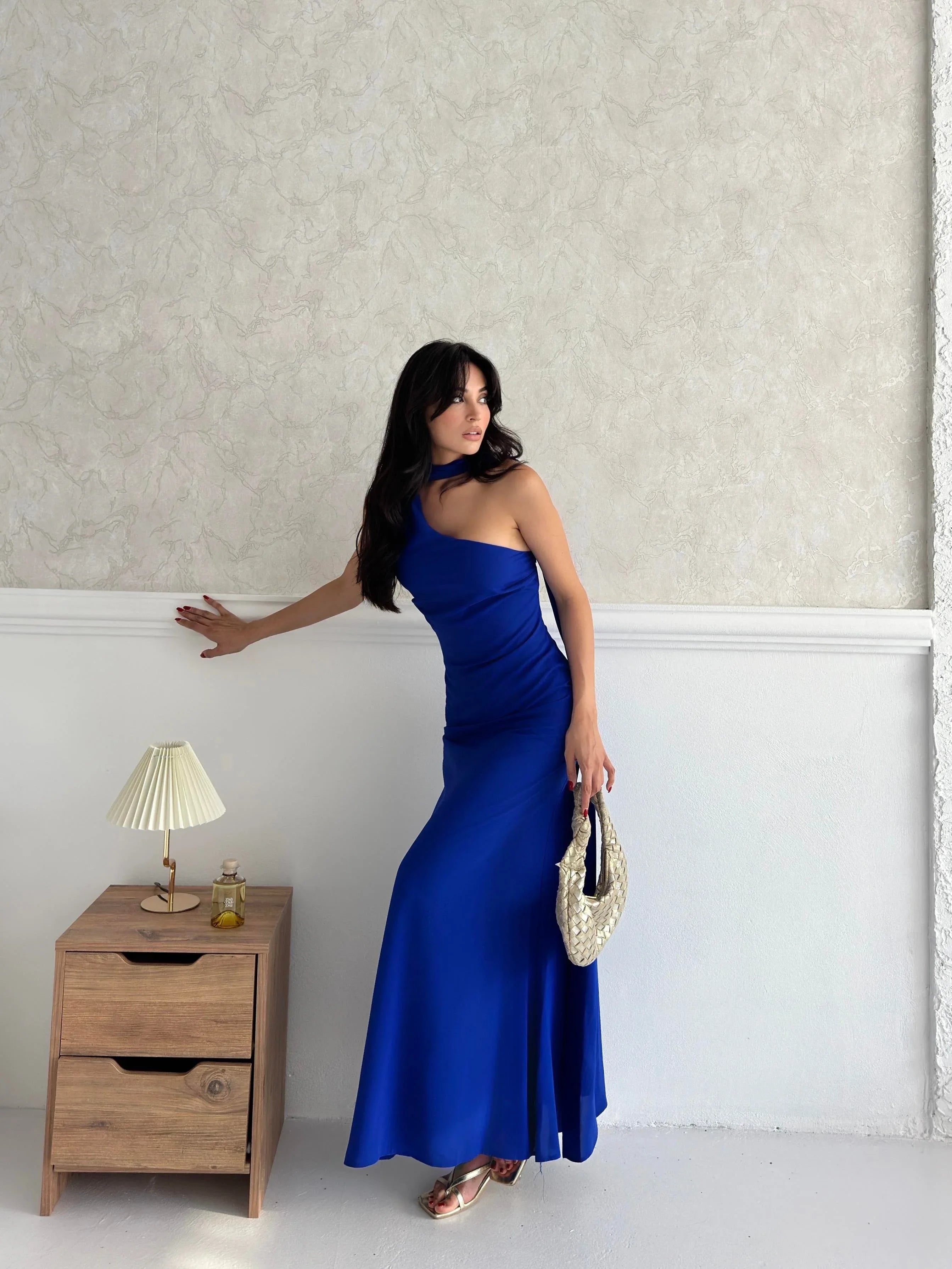 Scarf Detail One-Shoulder Maxi Dress - Saxe Blue - Mirelline Store