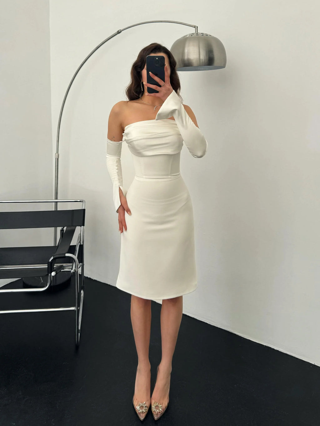 Detachable Sleeve Satin Midi Dress - White - Mirelline Store