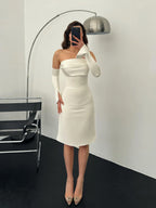 Detachable Sleeve Satin Midi Dress - White - Mirelline Store