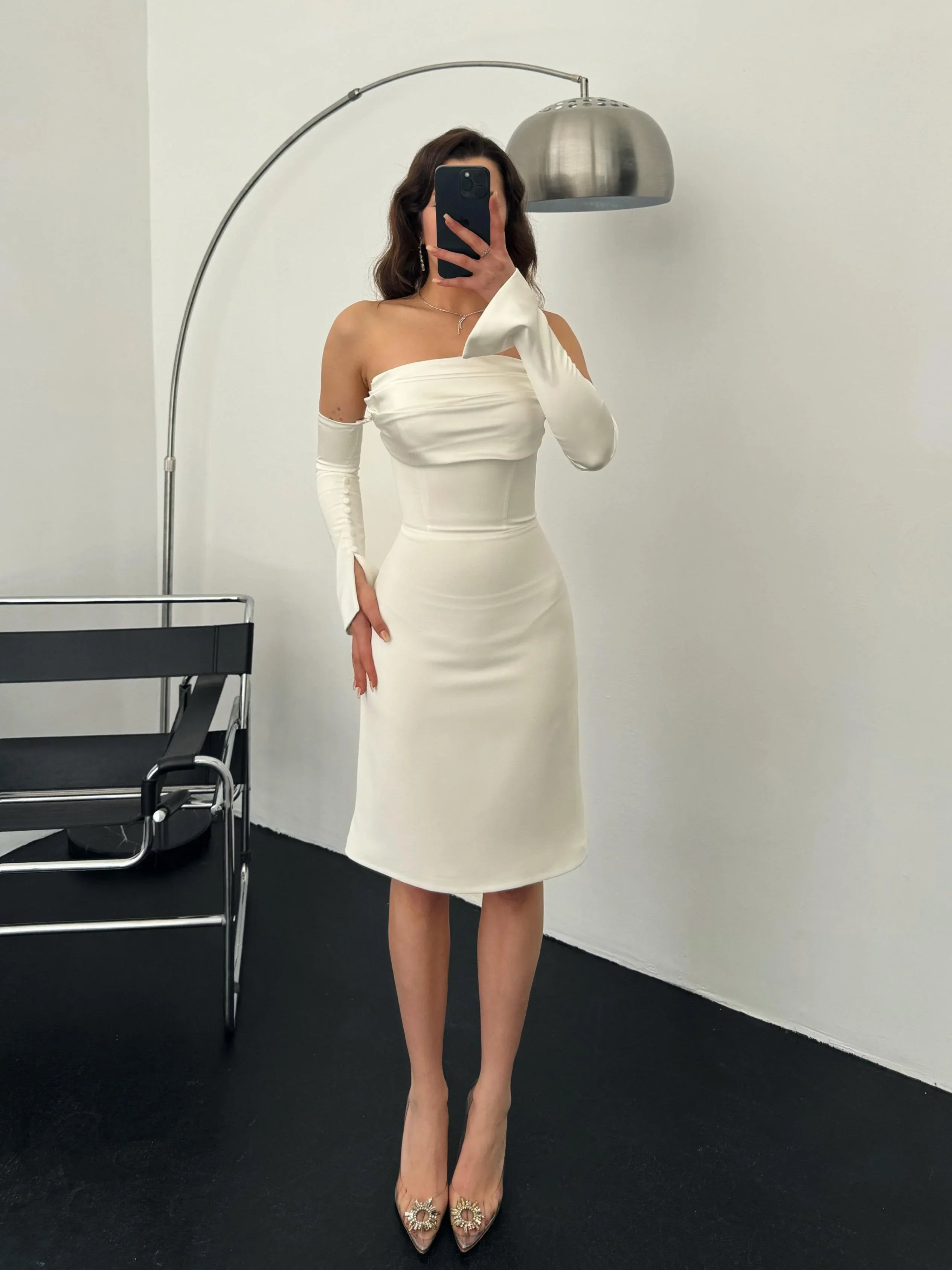 Detachable Sleeve Satin Midi Dress - White - Mirelline Store