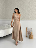 Patterned One-Shoulder Cut-Out Maxi Dress - Stone - Mirelline Store