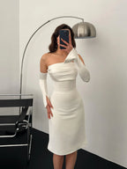 Detachable Sleeve Satin Midi Dress - White - Mirelline Store