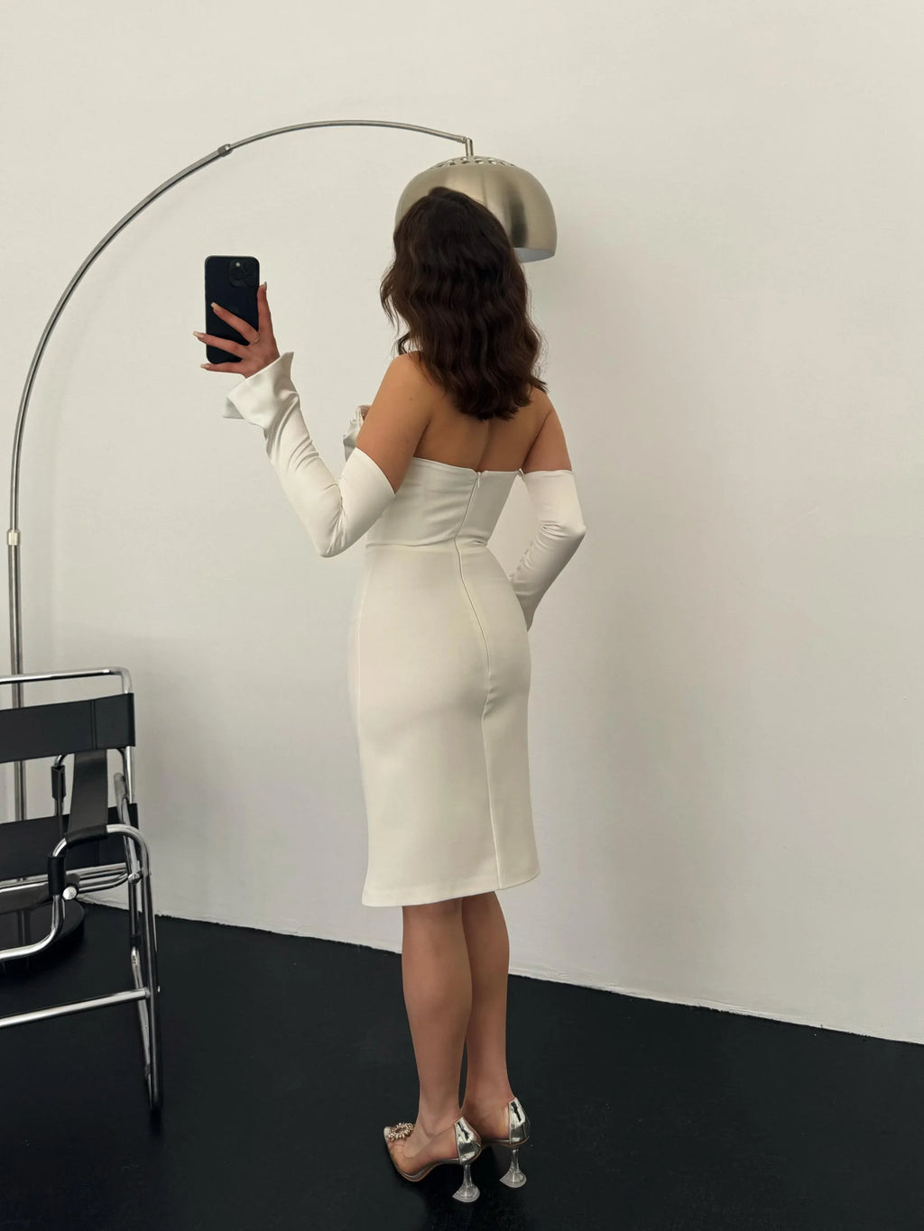 Detachable Sleeve Satin Midi Dress - White - Mirelline Store