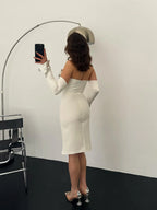 Detachable Sleeve Satin Midi Dress - White - Mirelline Store