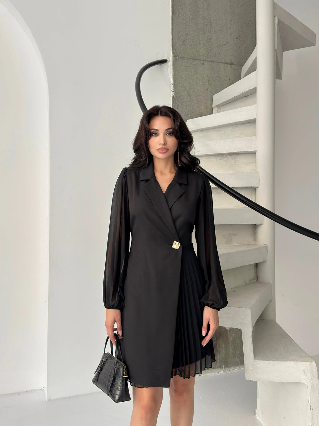 Pleated Side Double-Breasted Blazer Dress - Black - Mirelline Store