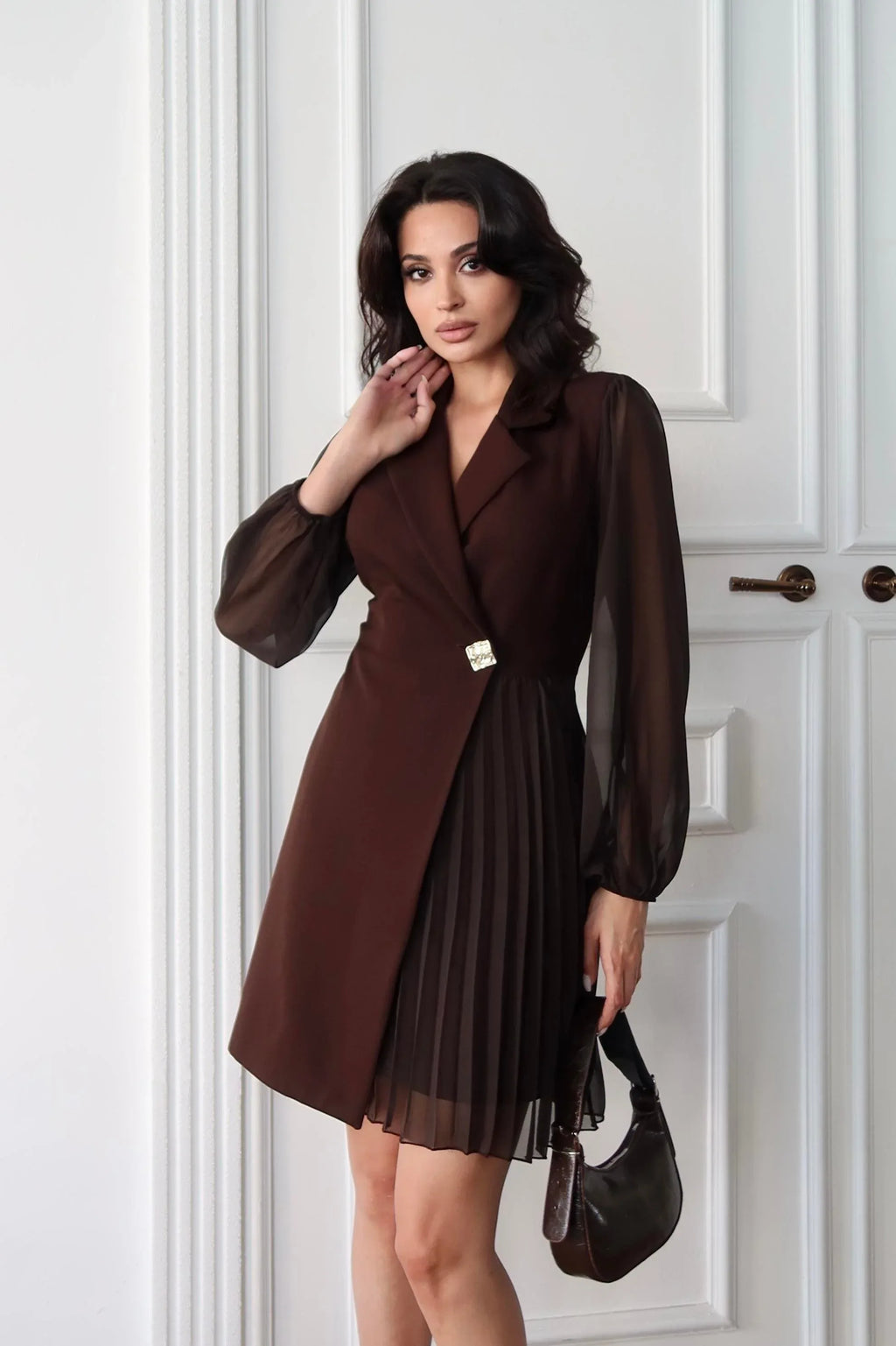 Pleated Side Double-Breasted Blazer Dress - Brown - Mirelline Store