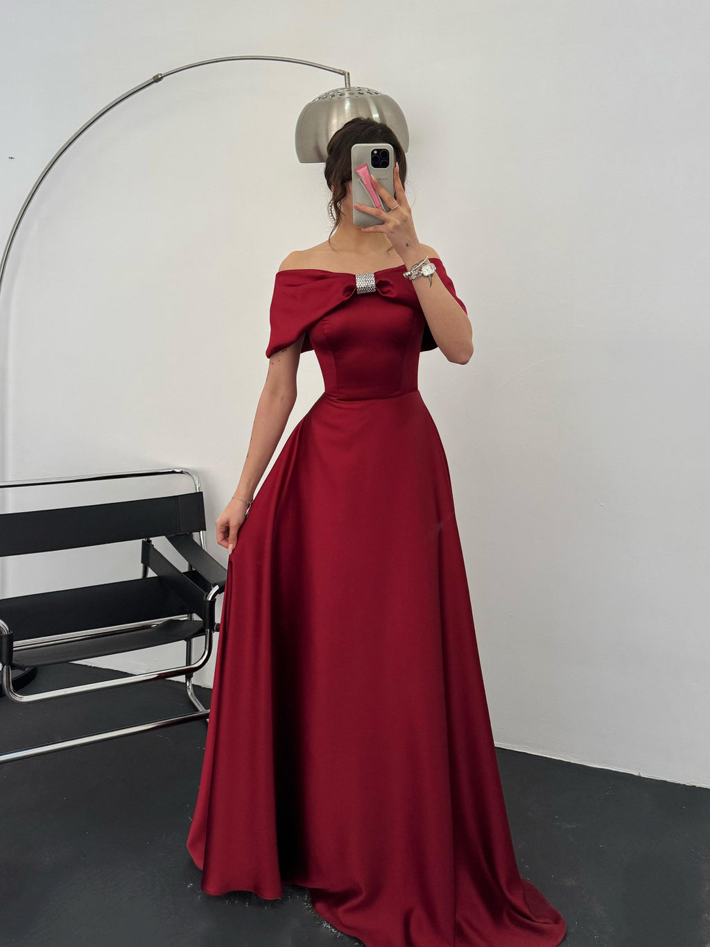 Off-Shoulder Bow Structured Satin Maxi Dress - Burgundy