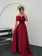 Off-Shoulder Bow Structured Satin Maxi Dress - Burgundy