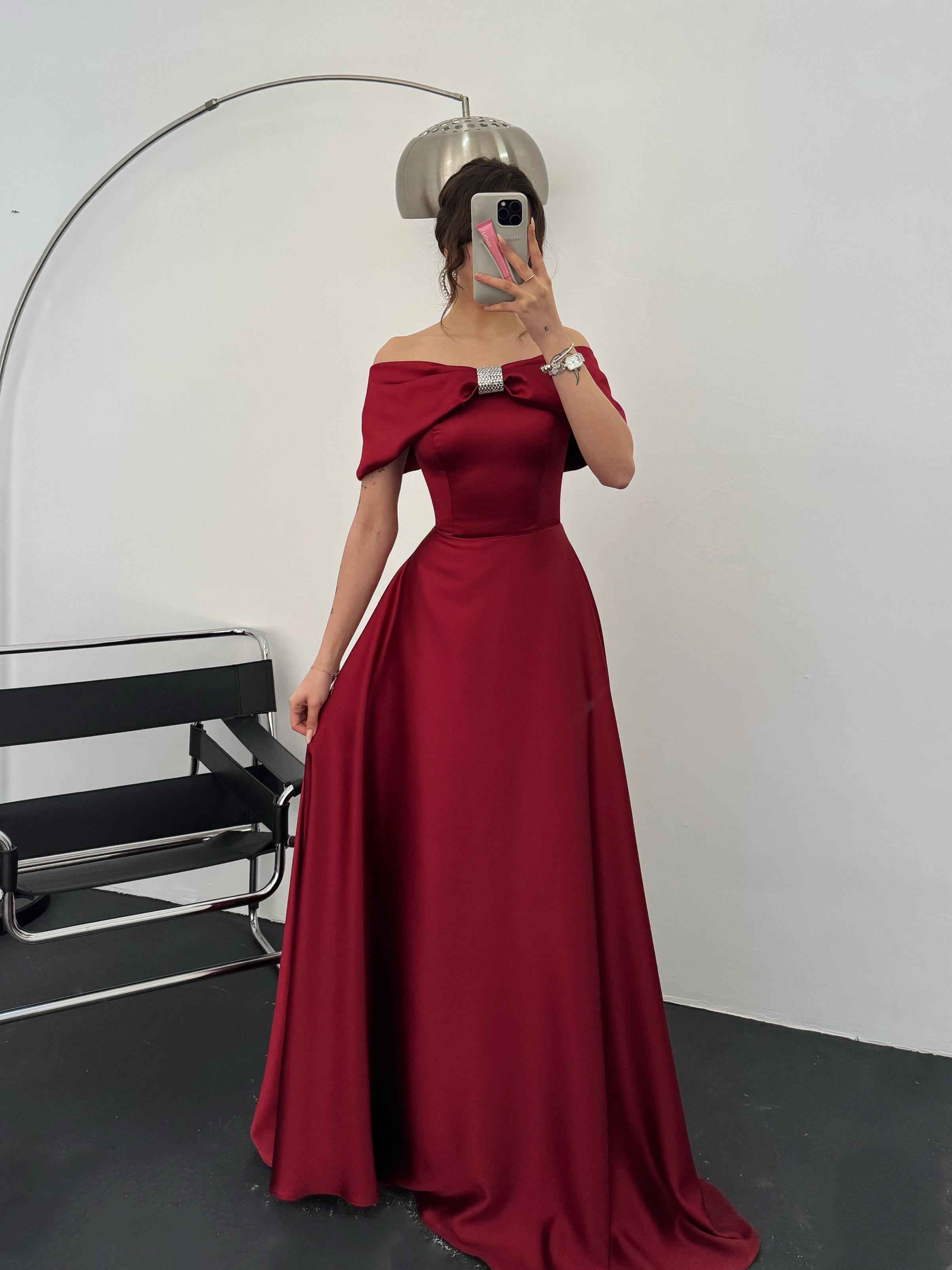 Off-Shoulder Bow Structured Satin Maxi Dress - Burgundy