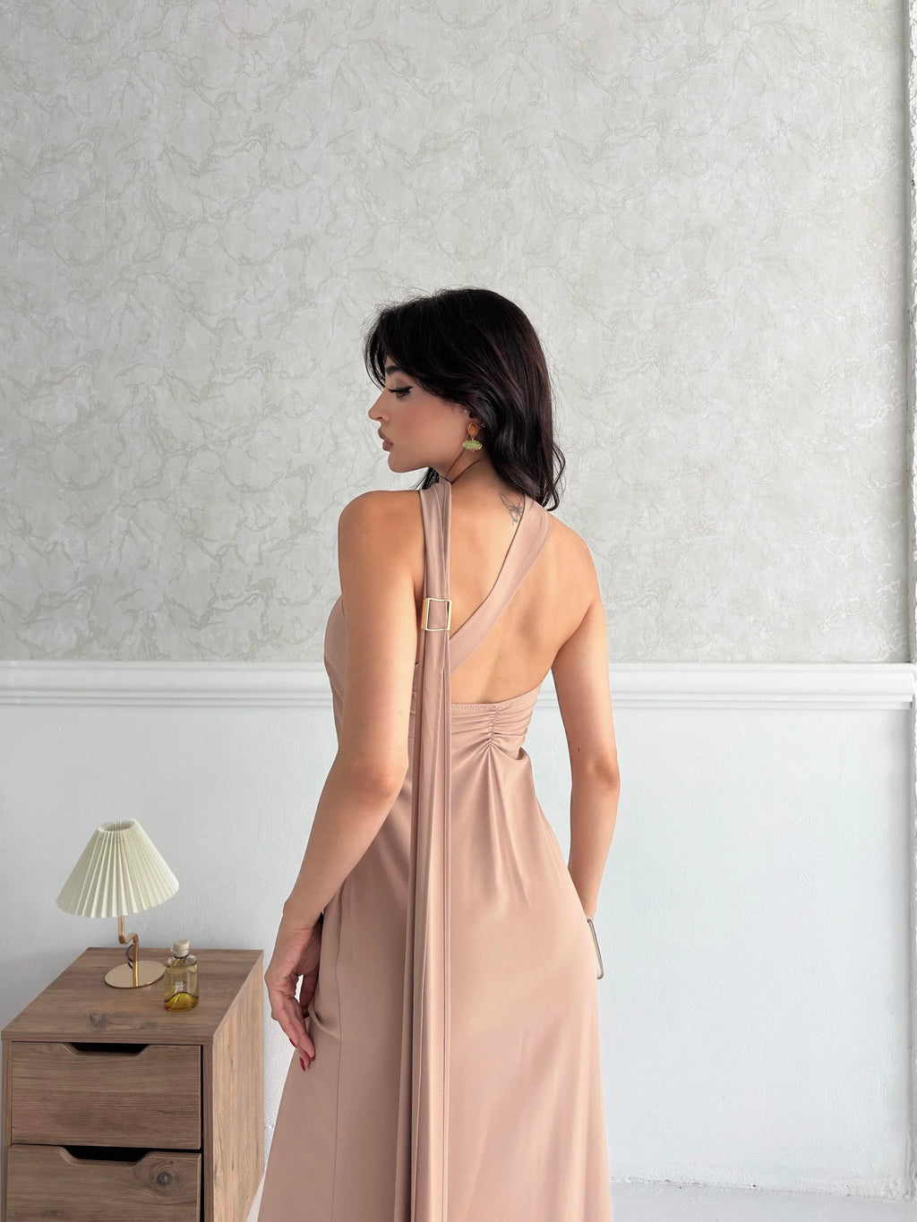 Scarf Detail One-Shoulder Maxi Dress - Beige - Mirelline Store