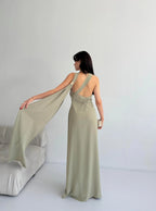 Scarf Detail One-Shoulder Maxi Dress - Khaki - Mirelline Store