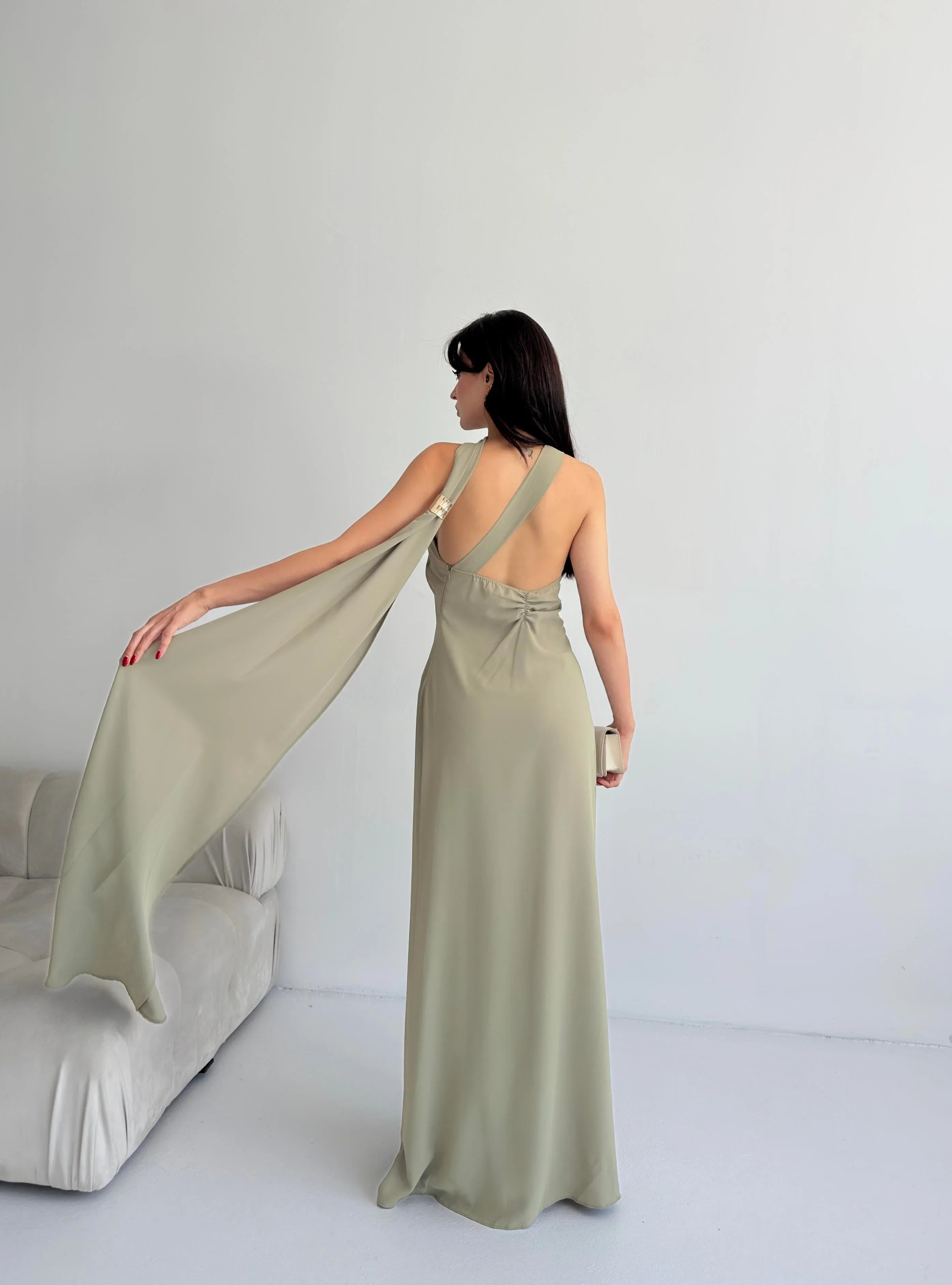 Scarf Detail One-Shoulder Maxi Dress - Khaki - Mirelline Store