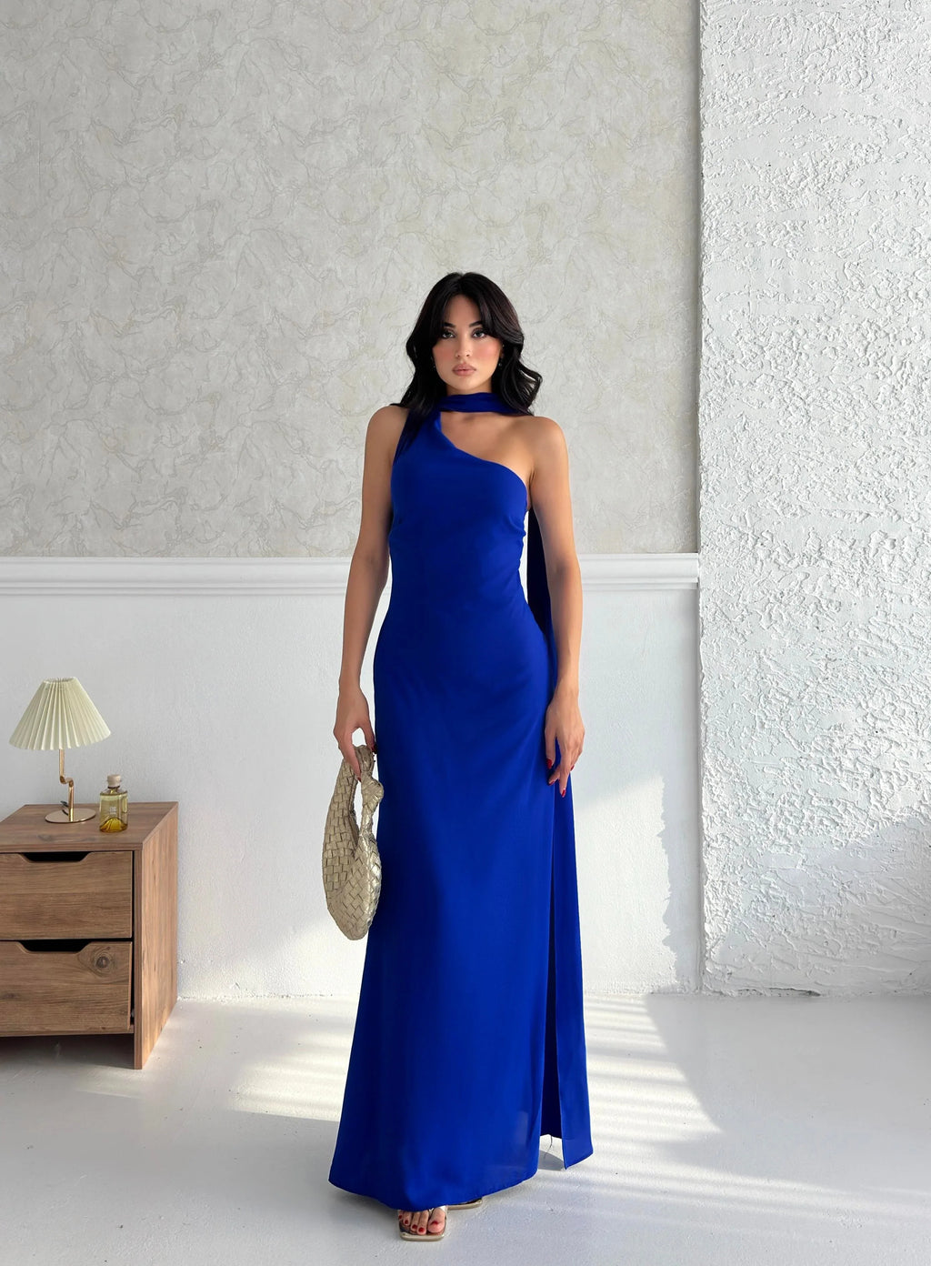 Scarf Detail One-Shoulder Maxi Dress - Saxe Blue - Mirelline Store