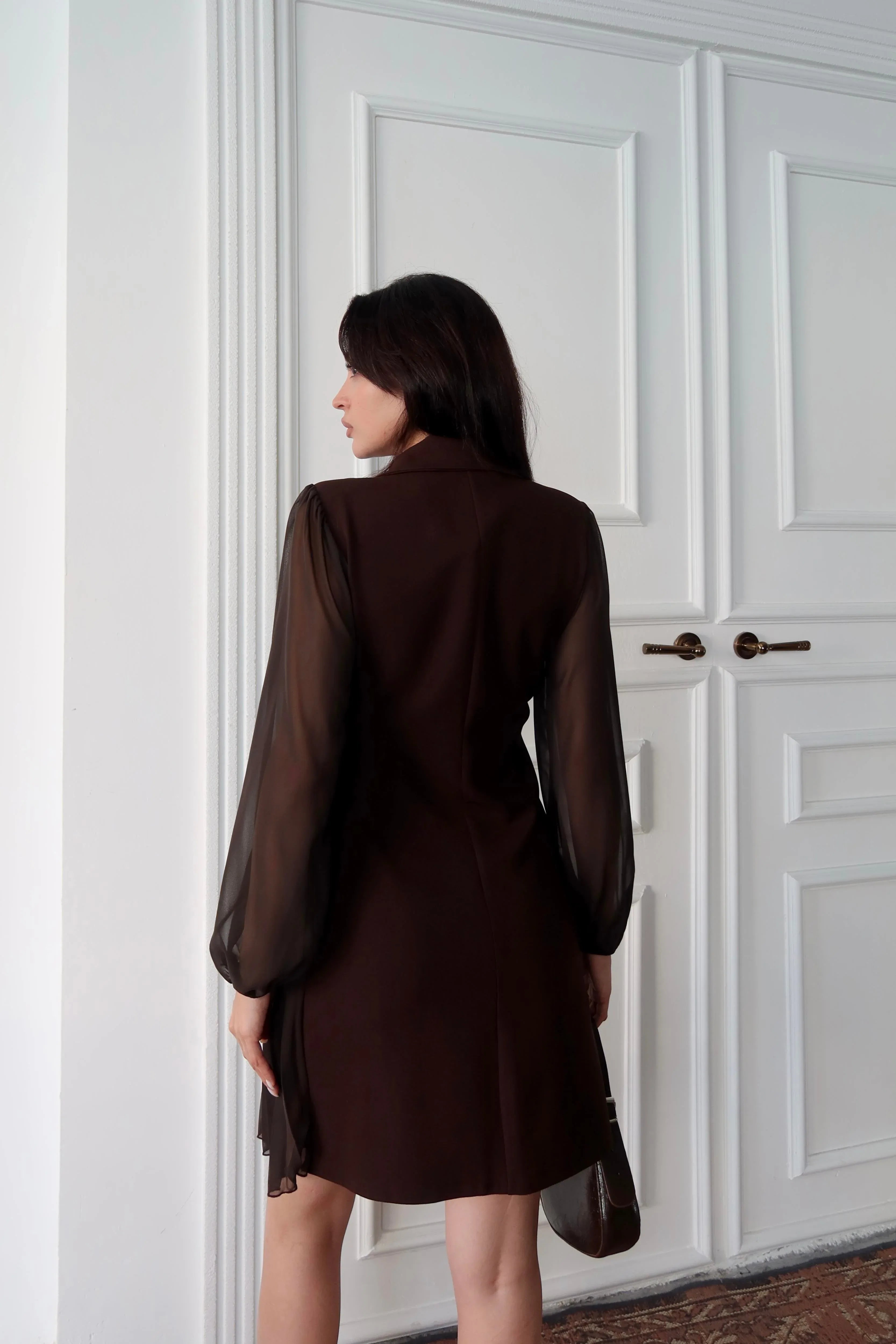 Pleated Side Double-Breasted Blazer Dress - Brown - Mirelline Store