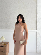 Scarf Detail One-Shoulder Maxi Dress - Beige - Mirelline Store