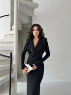Cowl Neck Long Sleeve Maxi Dress - Black - Mirelline Store