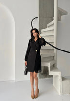 Pleated Side Double-Breasted Blazer Dress - Black - Mirelline Store