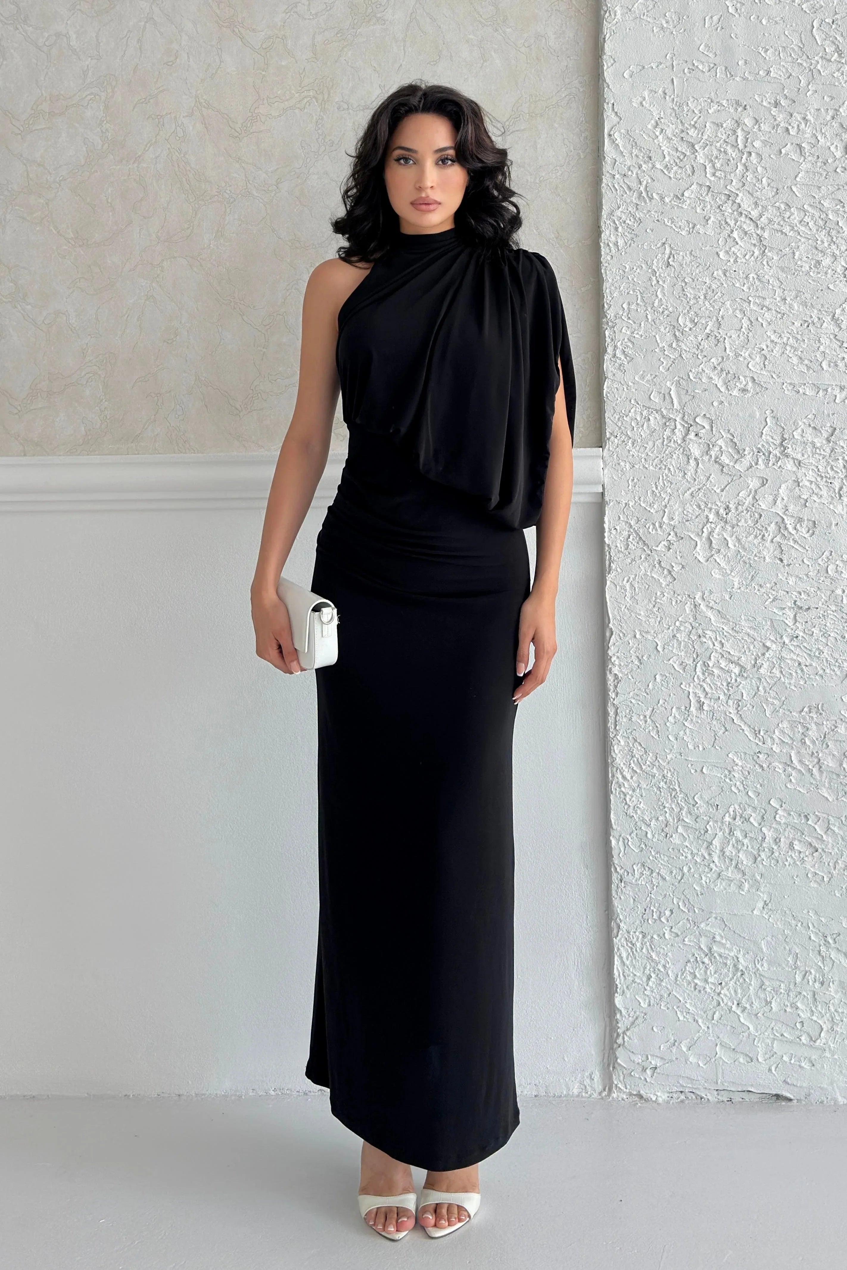 One-Shoulder Mock Neck Draped Maxi Dress - Black - Mirelline Store