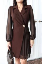 Pleated Side Double-Breasted Blazer Dress - Brown - Mirelline Store