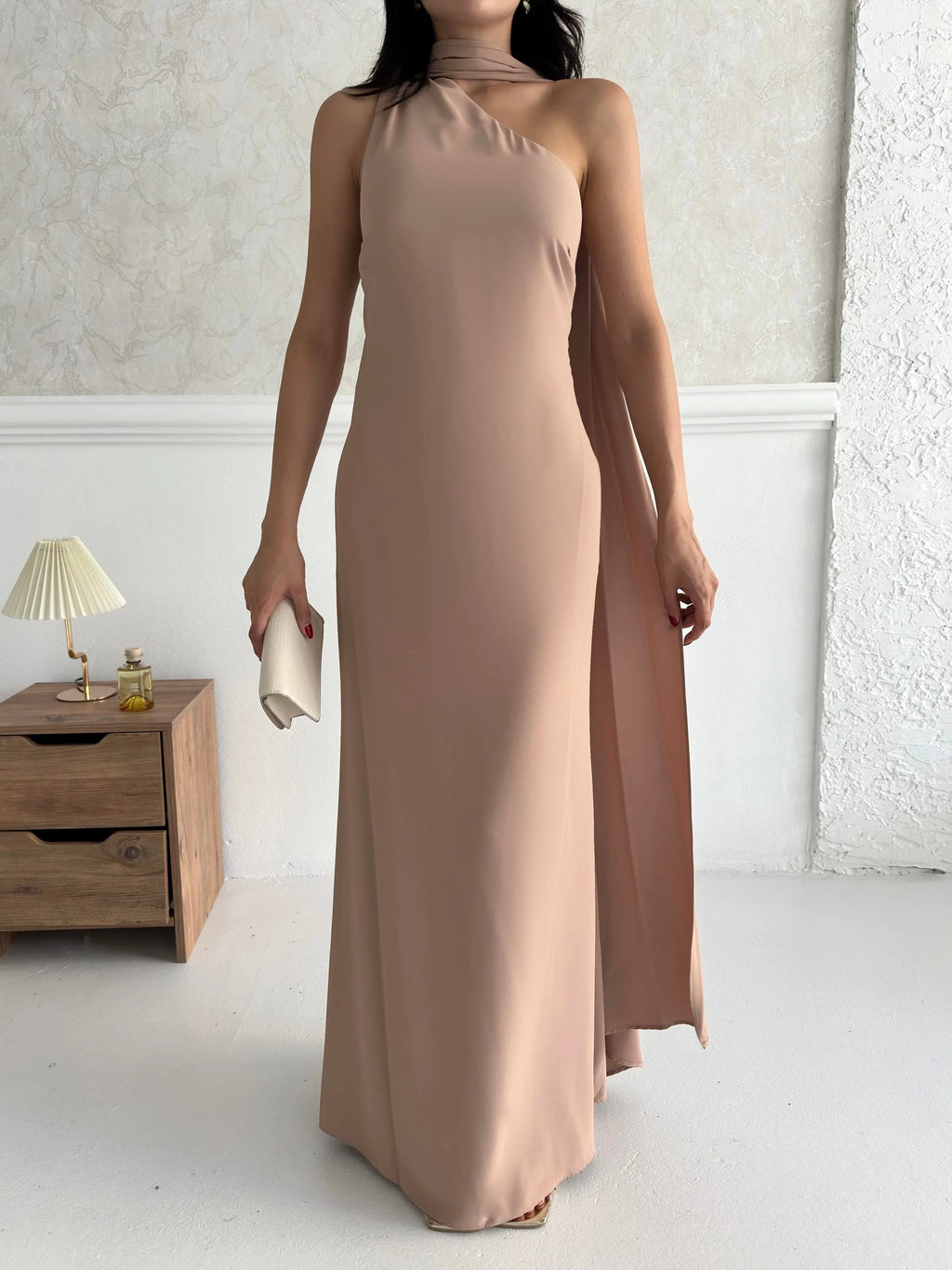 Scarf Detail One-Shoulder Maxi Dress - Beige - Mirelline Store