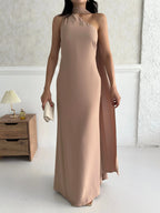 Scarf Detail One-Shoulder Maxi Dress - Beige - Mirelline Store