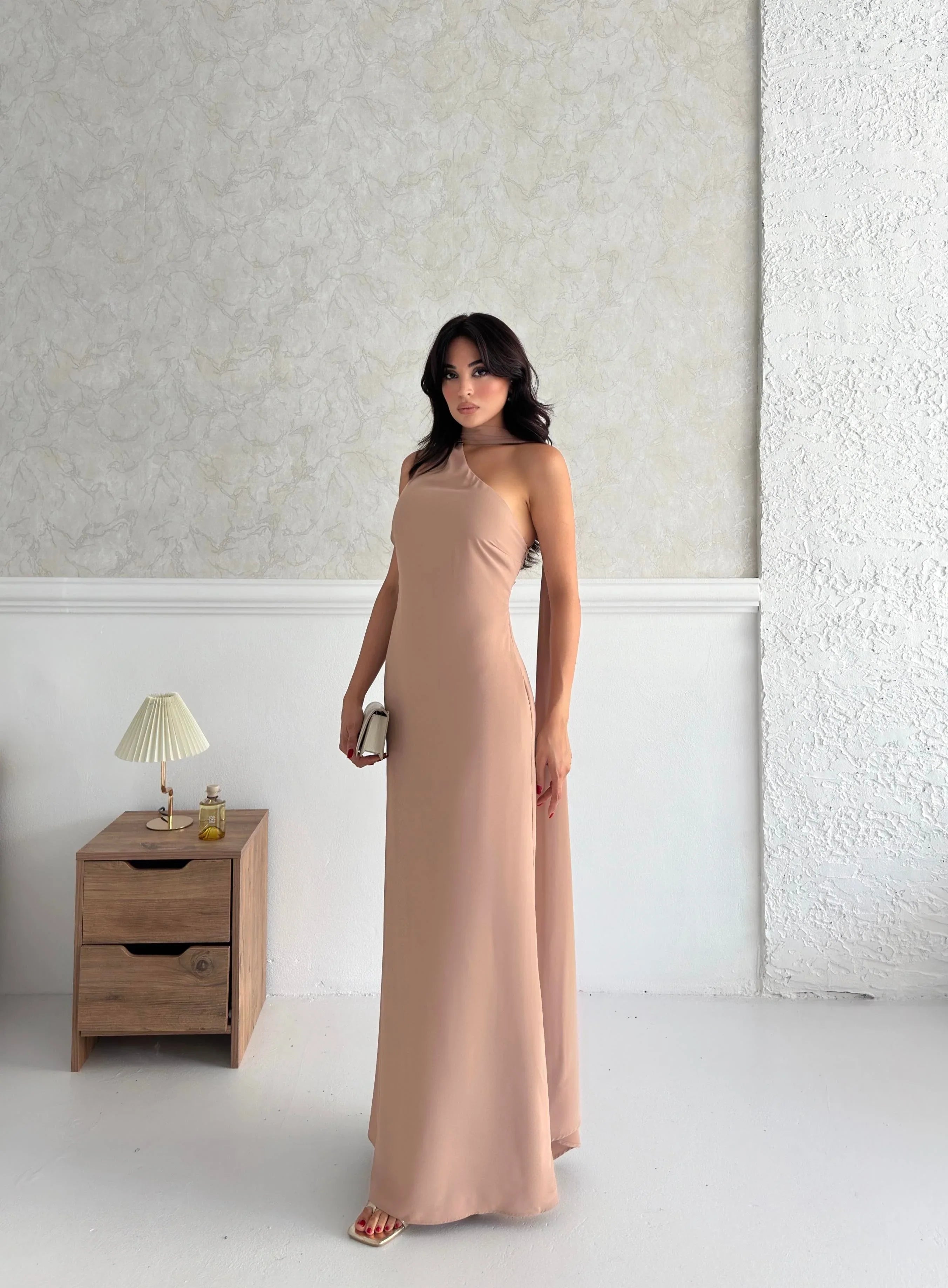 Scarf Detail One-Shoulder Maxi Dress - Beige - Mirelline Store