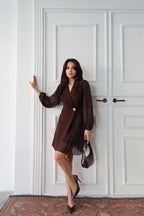 Pleated Side Double-Breasted Blazer Dress - Brown - Mirelline Store