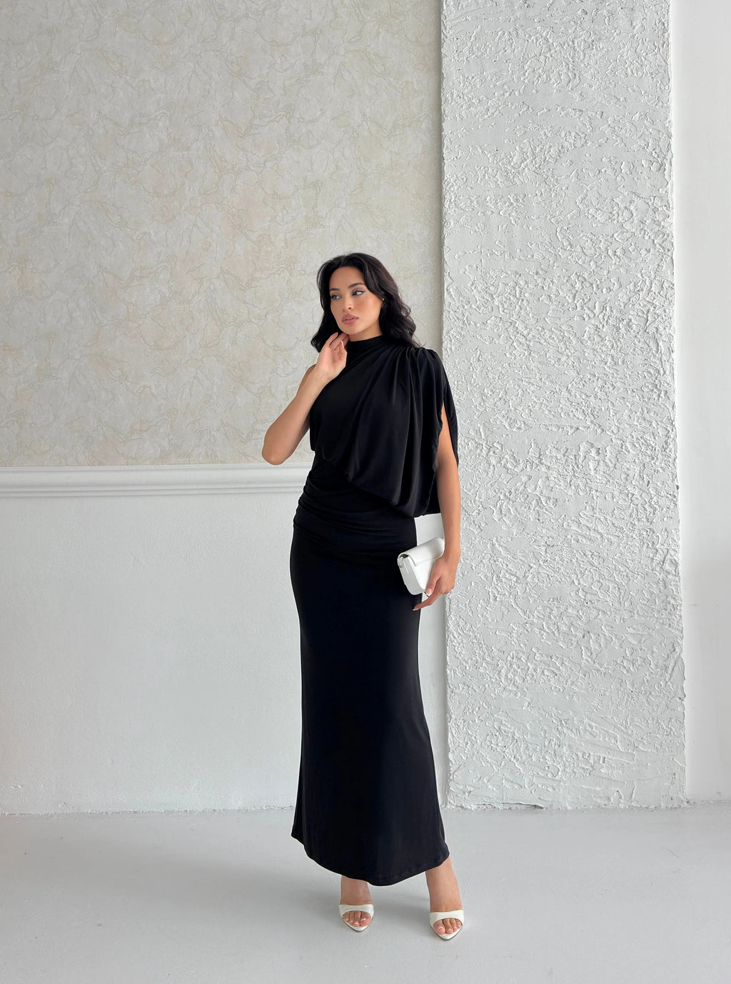 One-Shoulder Mock Neck Draped Maxi Dress - Black - Mirelline Store