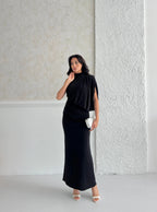 One-Shoulder Mock Neck Draped Maxi Dress - Black - Mirelline Store