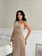 Patterned One-Shoulder Cut-Out Maxi Dress - Stone - Mirelline Store