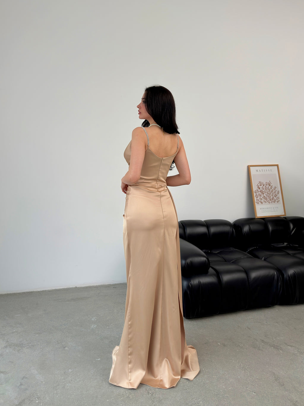 Rhinestone Strap Ruched Satin Maxi Dress - Beige