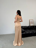 Rhinestone Strap Ruched Satin Maxi Dress - Beige