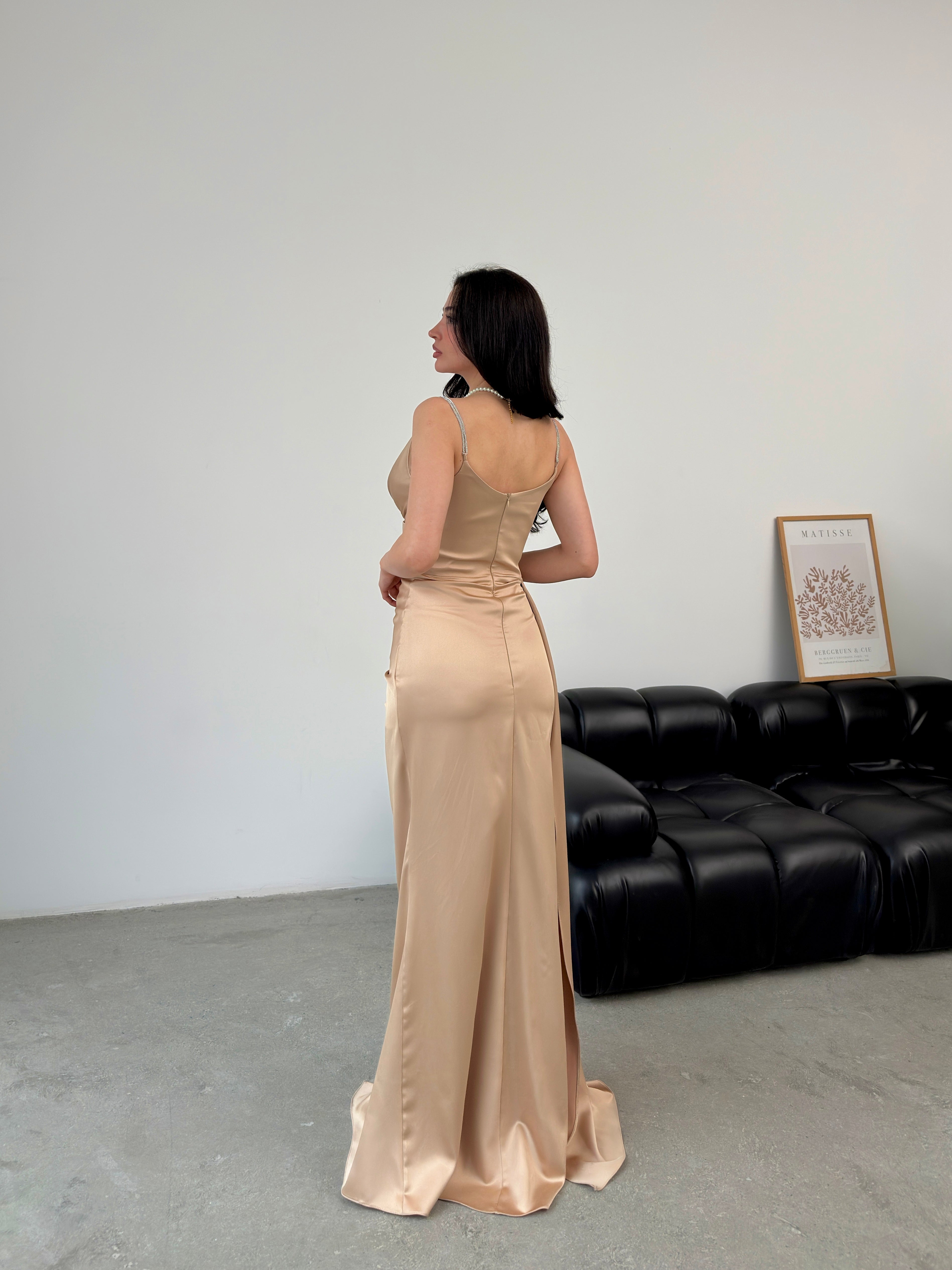 Rhinestone Strap Ruched Satin Maxi Dress - Beige