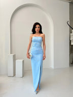 Embroidered Strapless Slit Maxi Dress - Baby Blue