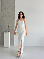 Embroidered Strapless Slit Maxi Dress - White