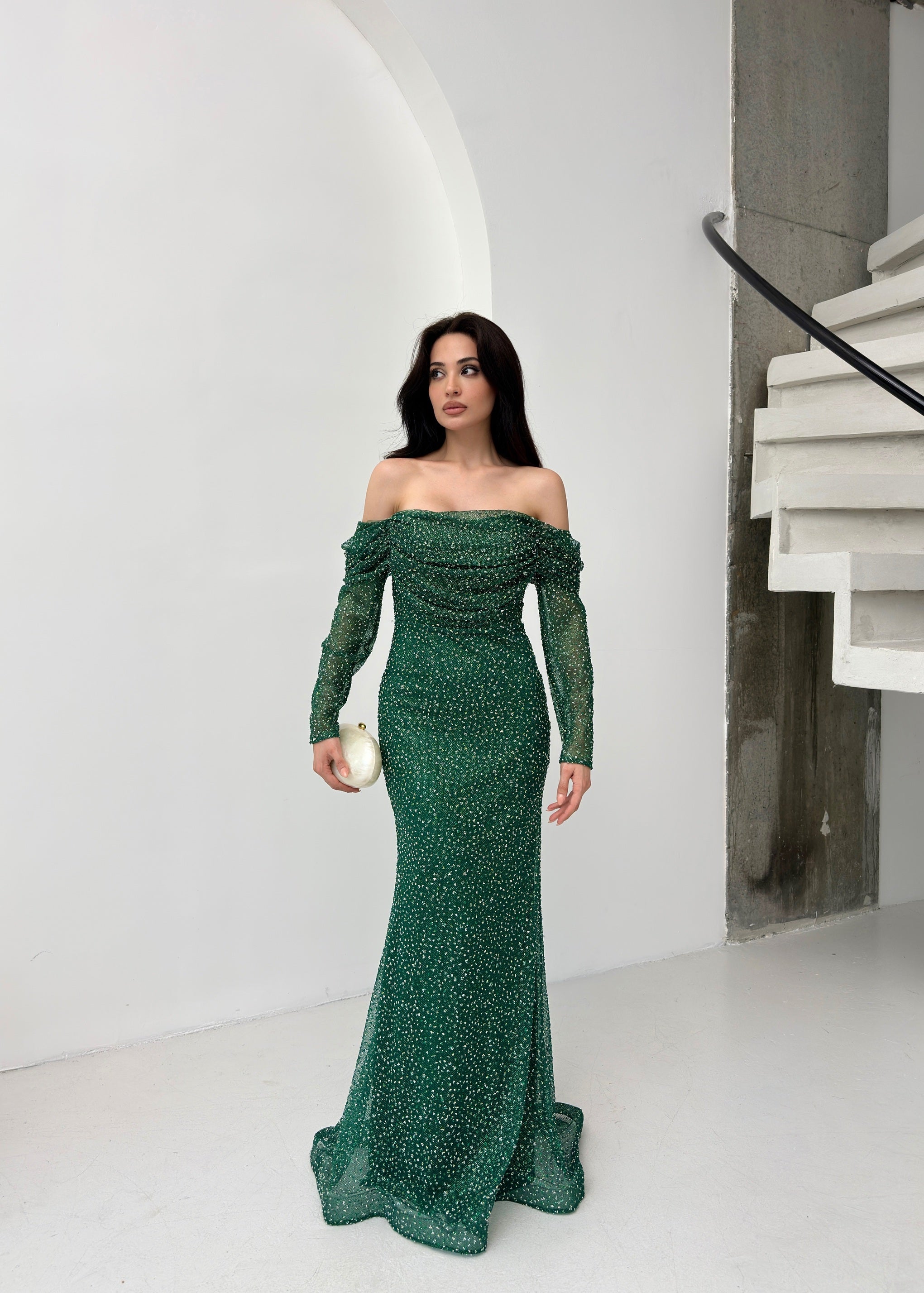 Beaded Off-Shoulder Long Sleeve Maxi Dress - Emerald