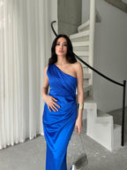 Draped One-Shoulder Satin Maxi Dress - Saxe Blue