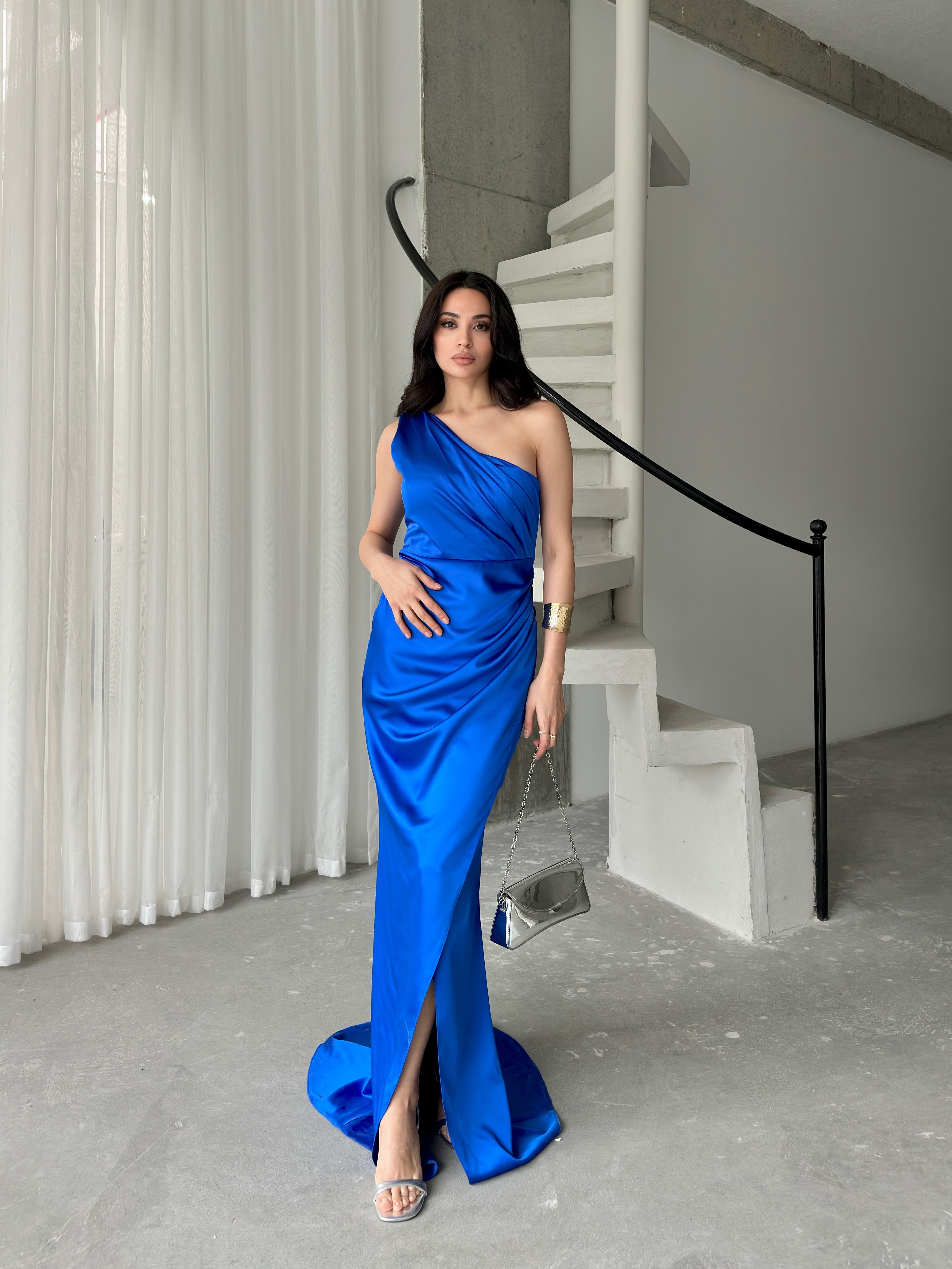Draped One-Shoulder Satin Maxi Dress - Saxe Blue