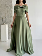 Off-Shoulder Bow Structured Satin Maxi Dress - Olive Green