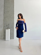 Detachable Sleeve Satin Midi Dress - Navy - Mirelline Store