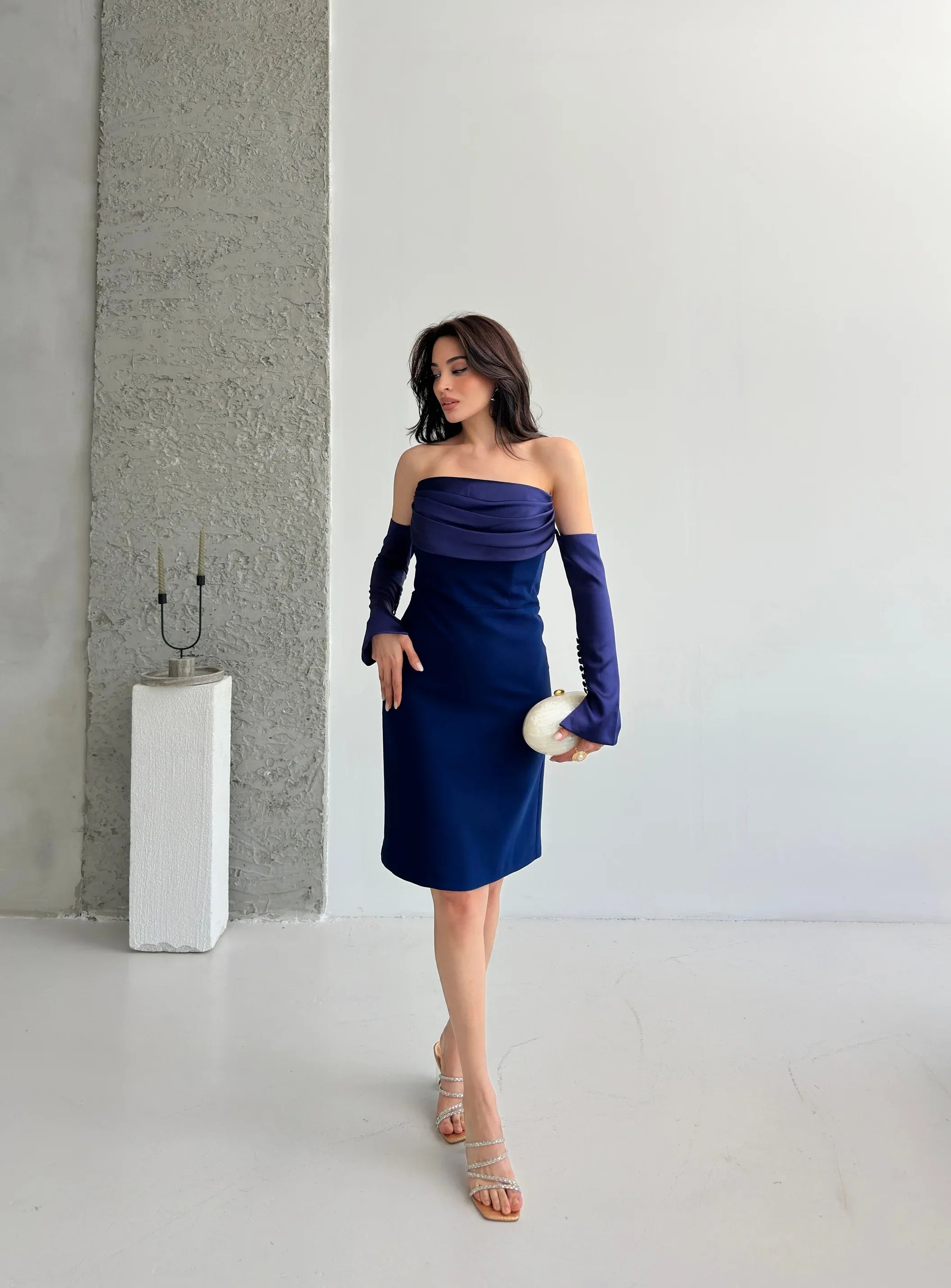 Detachable Sleeve Satin Midi Dress - Navy - Mirelline Store