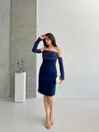 Detachable Sleeve Satin Midi Dress - Navy - Mirelline Store