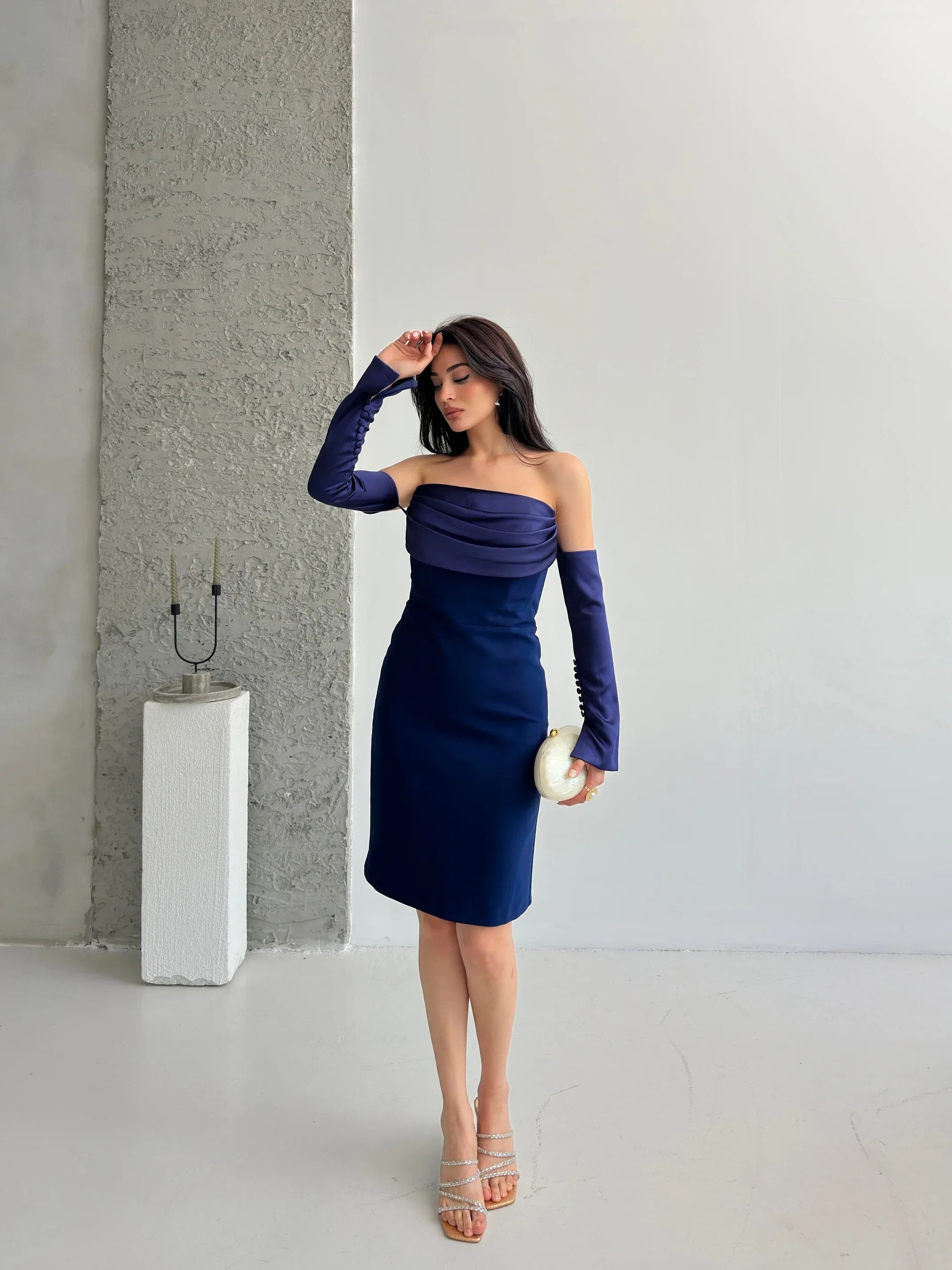 Detachable Sleeve Satin Midi Dress - Navy - Mirelline Store