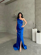 Draped One-Shoulder Satin Maxi Dress - Saxe Blue